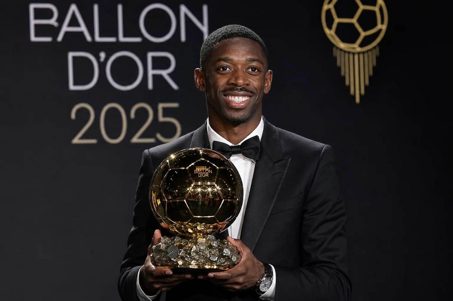 Photo of Ousmane Dembélé winning Men's Ballon d'Or.