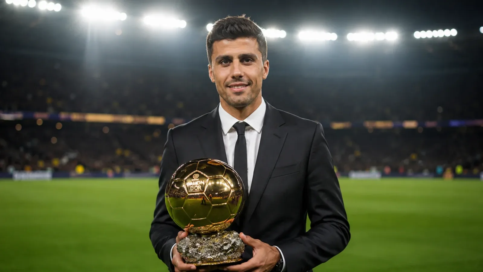 A portrait of a humble, tattoo-free football player in a suit proudly holding the massive golden Ballon d'Or trophy.