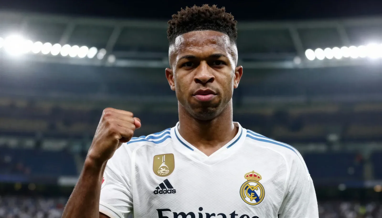 A powerful close-up of Vinicius Jr pointing to his skin in a Real Madrid kit, evoking resistance against racism.