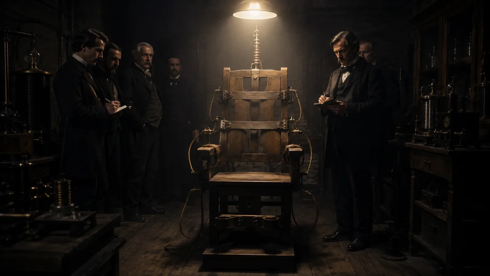 An ominous 19th-century laboratory setup showing an early wooden electric chair used during the War of the Currents propaganda.