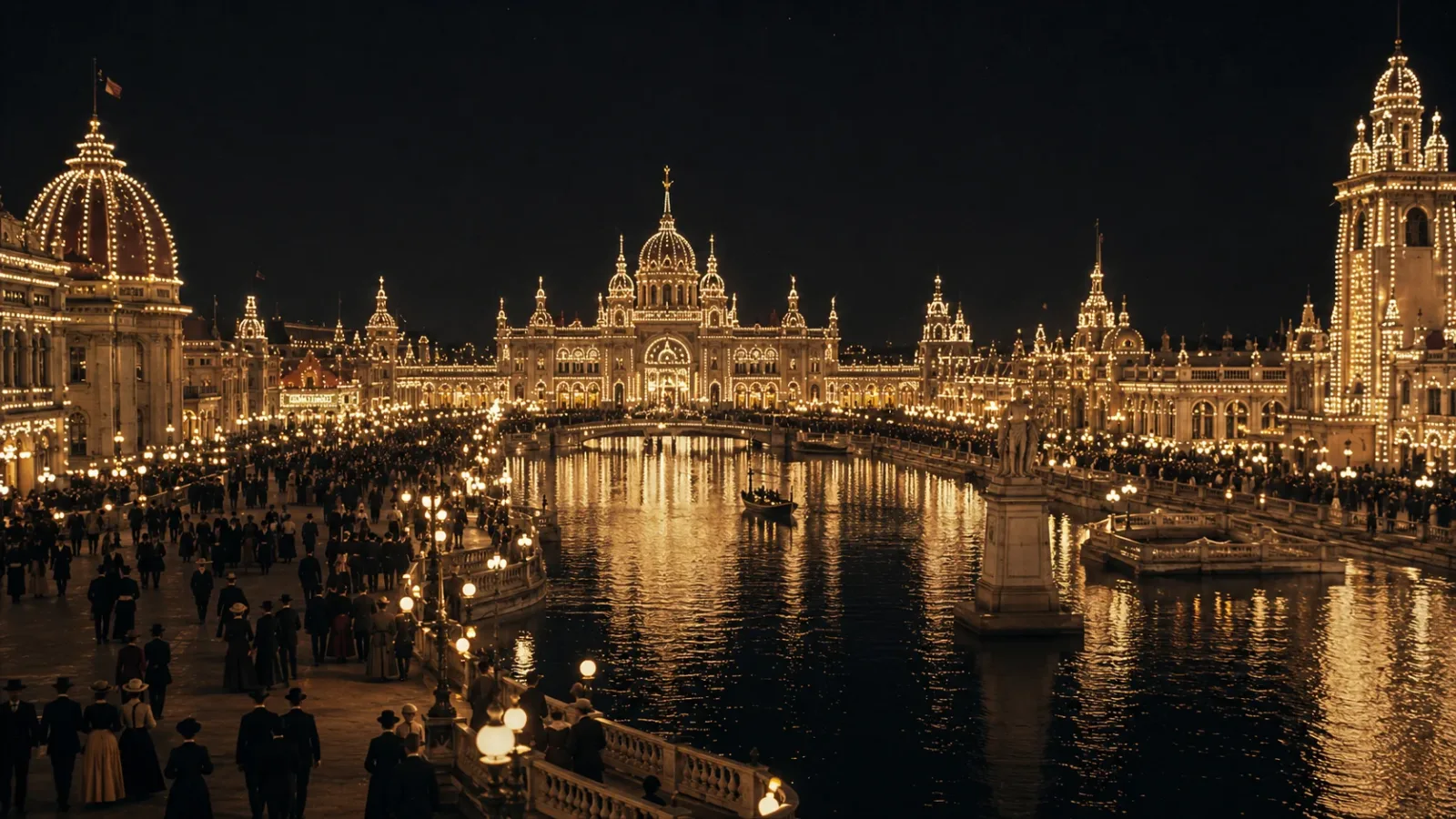 he grand buildings of the 1893 Chicago World's Fair brilliantly illuminated at night by alternating current electricity.
