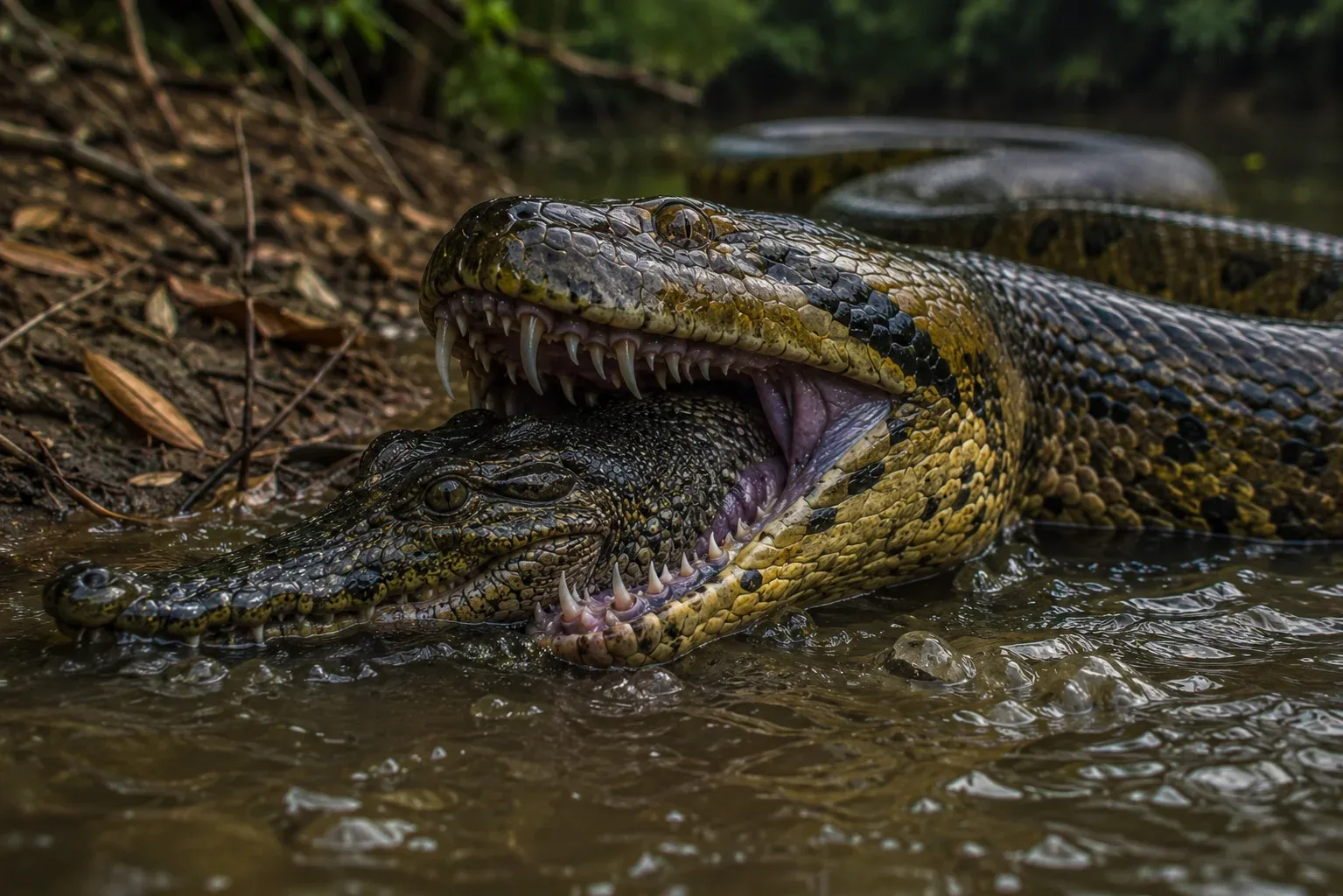 Anaconda with big teeth is eating crocodile