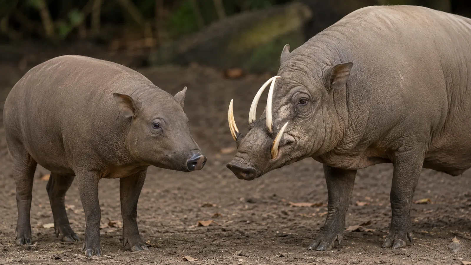 The female babirusa looks absolutely nothing like her male counterpart. Females possess entirely normal, highly standard snouts and completely lack the bizarre upper tusks, making them look significantly more like a completely normal, hairless domestic pig.
