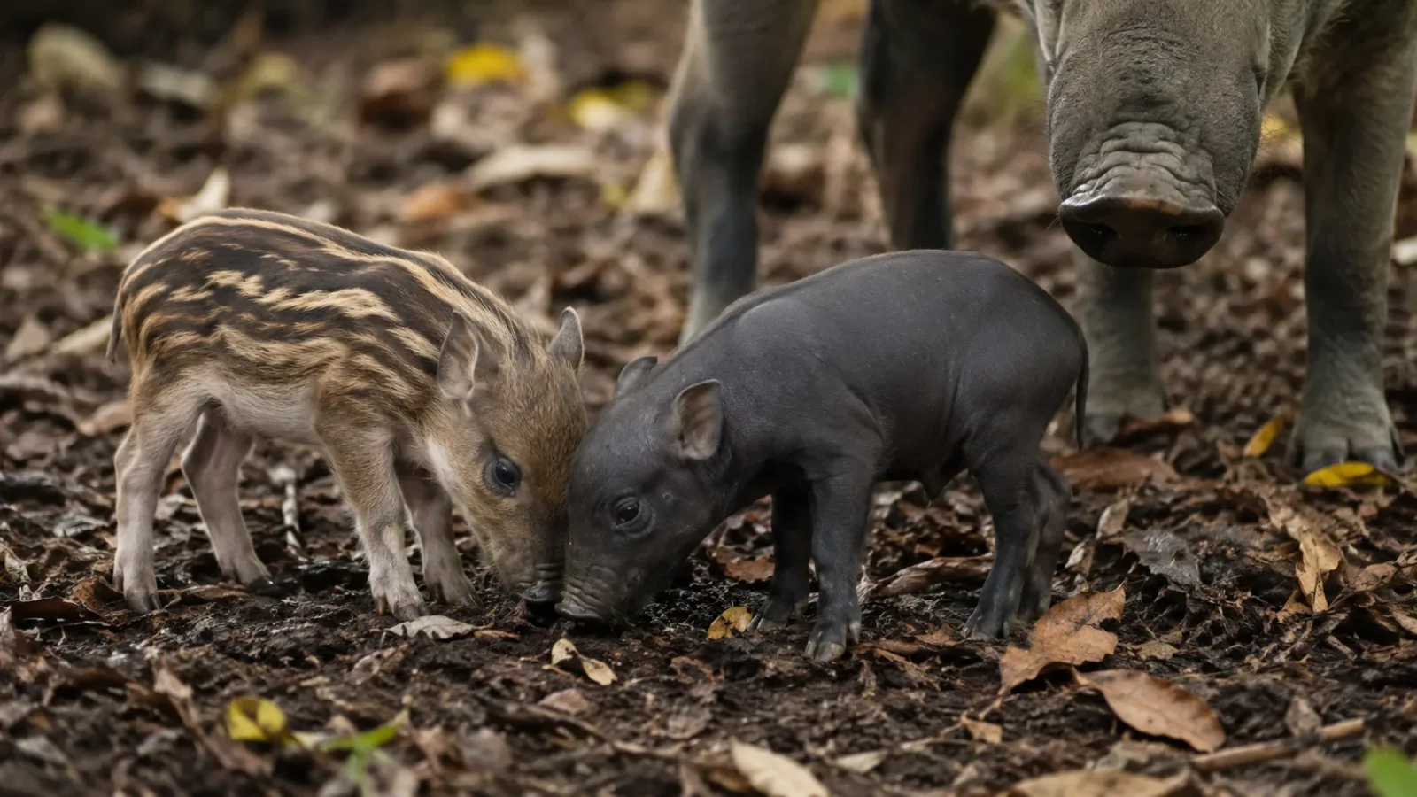 Babirusa piglets completely lack this highly standard biological feature. When they are born, their skin is completely solid in color, entirely devoid of any protective stripes or chaotic spots.