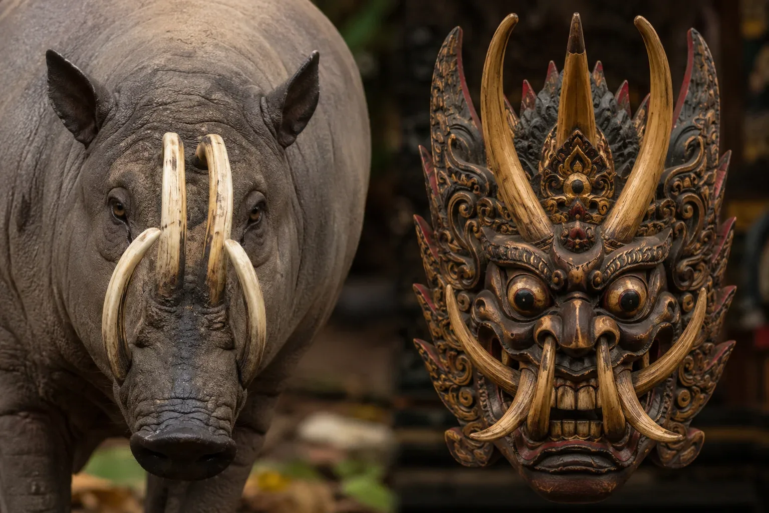 For centuries, native artisans carved highly elaborate, deeply intimidating wooden demon masks, known as Rakshasa, heavily basing the terrifying upward-curving horns of the masks directly on the bizarre anatomy of the babirusa skull.
