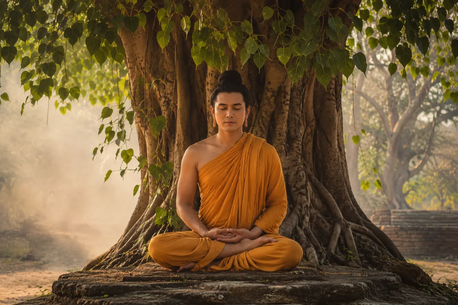Buddha meditates under a pipal tree