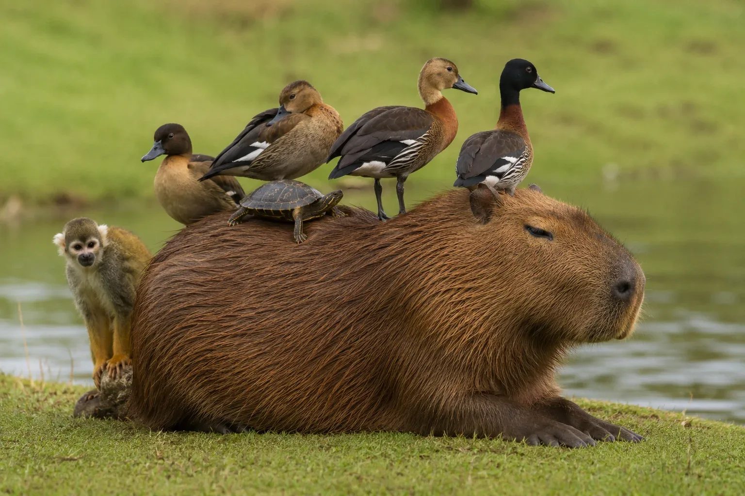 Capybara with ducks, monkeys, and even small turtles—casually sitting, standing, or resting directly on top of a capybara's back.