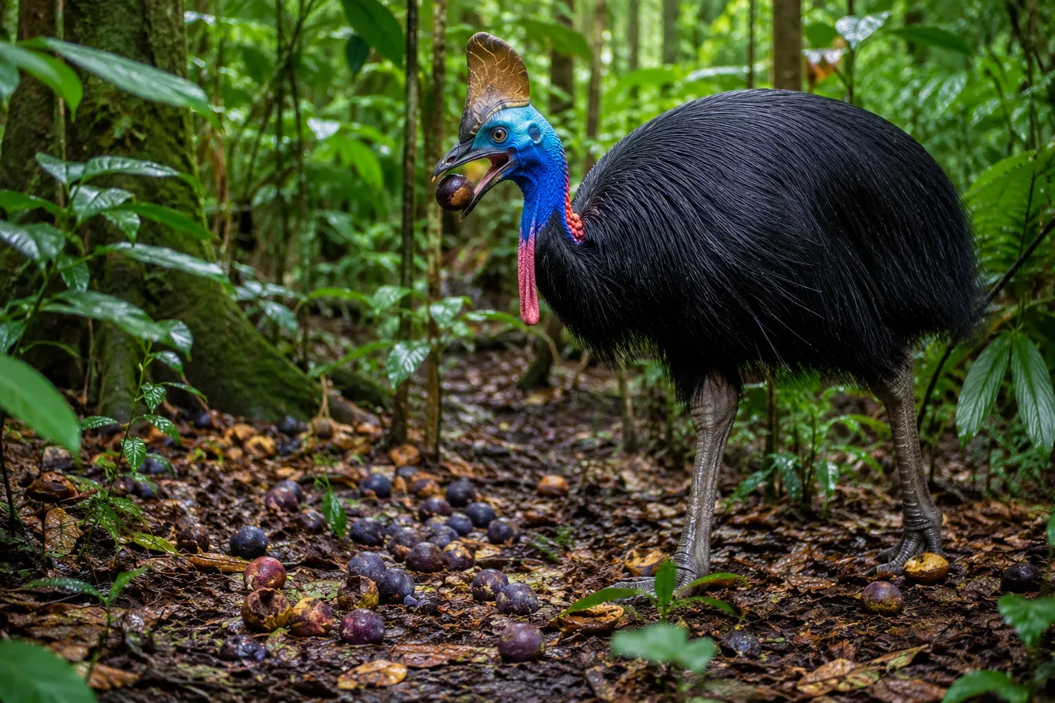 Because their digestive tracts process food at an incredibly rapid pace, cassowaries can safely consume highly dangerous food sources that would instantly kill humans or other animals. 