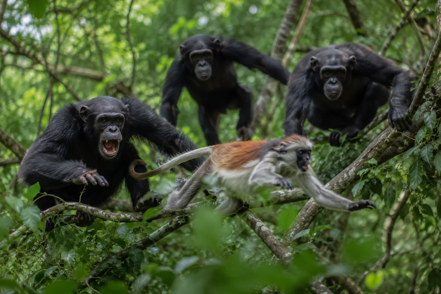 Chimpanzees hunting another monkey for a meat.