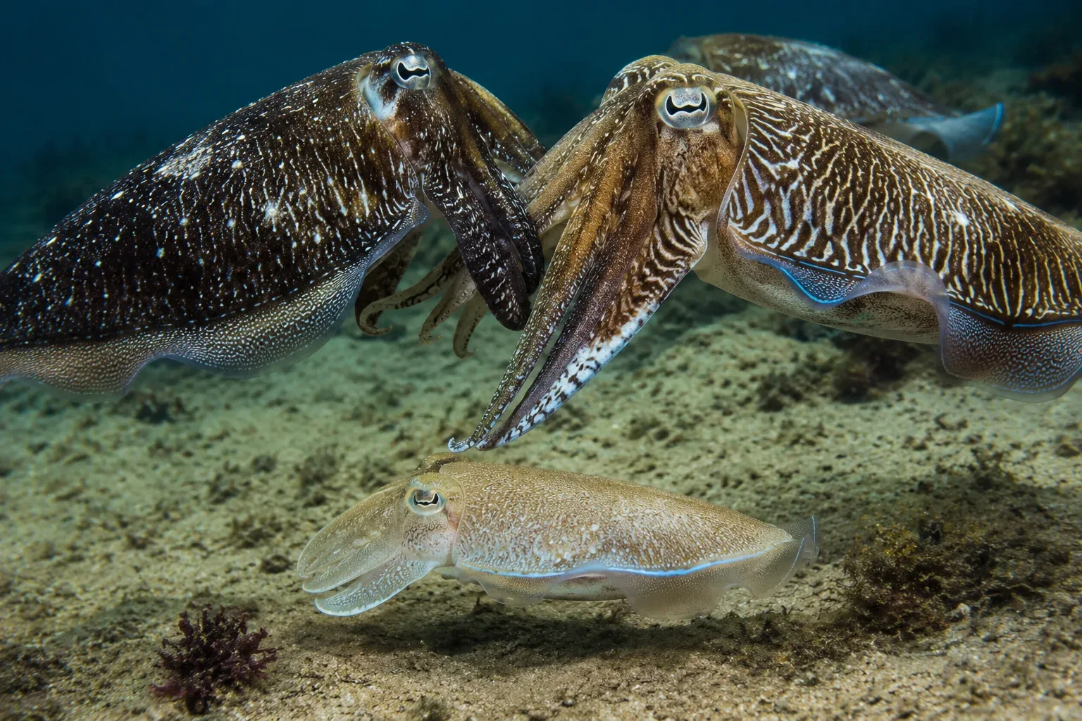In the cuttlefish world, large males often fight each other to win over females. Smaller males know they cannot win a fight, so they use a brilliant trick. A small male will pull in his extra arms, change his skin to perfectly match a female's colors, and peacefully swim right past the angry, fighting big males to quietly mate with the female!