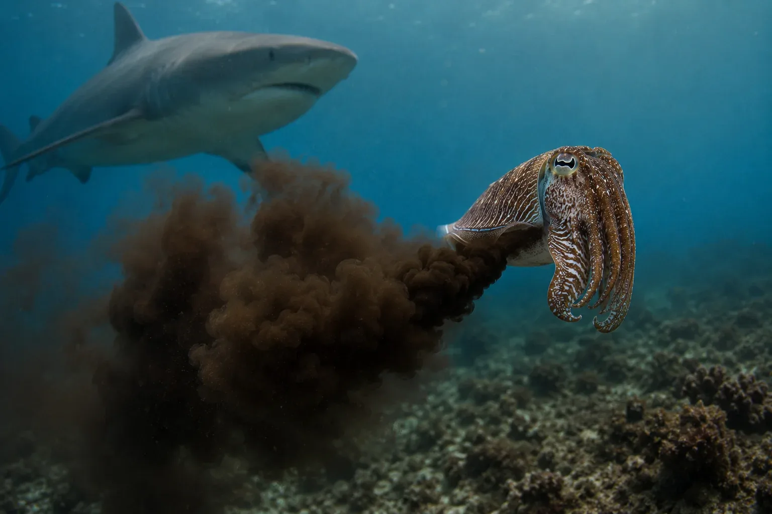 When a cuttlefish is scared by a hungry shark or dolphin, it uses its built-in ink sac to escape. It forcefully shoots out a thick, dark cloud of brown ink into the water. 