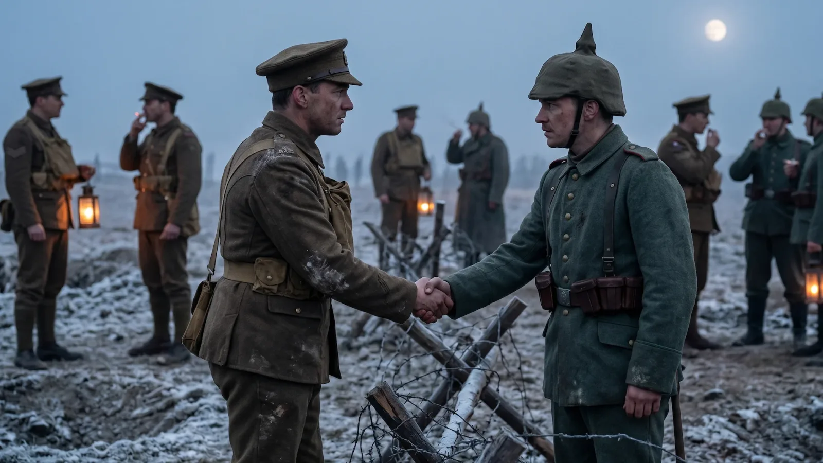 A poignant image of British and German soldiers shaking hands over the barbed wire during the Christmas Truce of 1914.