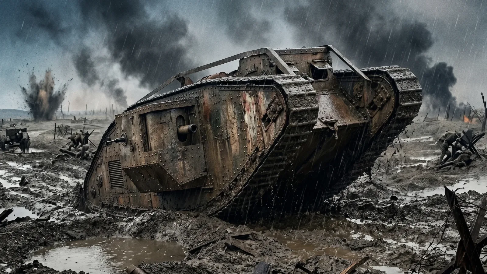 A high-quality photo of an early British tank lumbering across a devastatingly muddy battlefield during World War I.