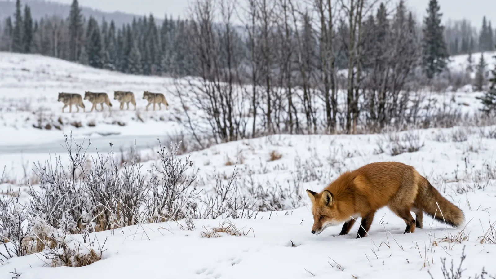 Fox hunting alone, wolves in th background.