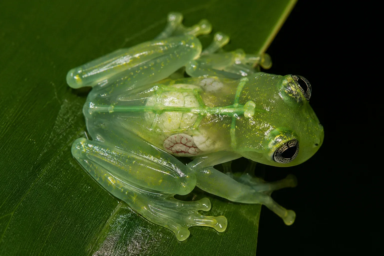 Along with having clear skin, the internal skeleton of many glass frog species is just as colorful as their surroundings. Instead of having standard white or yellow bones like most animals, many glass frogs have bright green bones. This is caused by a high concentration of a specific green bile pigment called biliverdin inside their skeletal structure, which further helps them blend into their leafy environments.