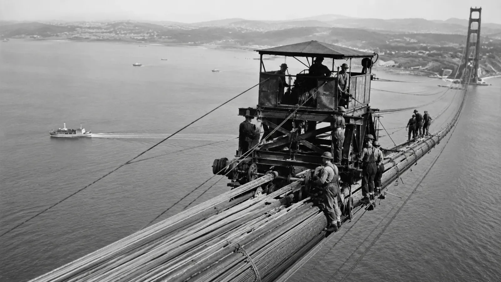 The two massive main cables holding up the bridge were not shipped to San Francisco in one piece; they were constructed entirely on-site. Using a specialized spinning shuttle that traveled back and forth across the strait, workers spun 27,572 individual strands of galvanized steel wire together for each cable.