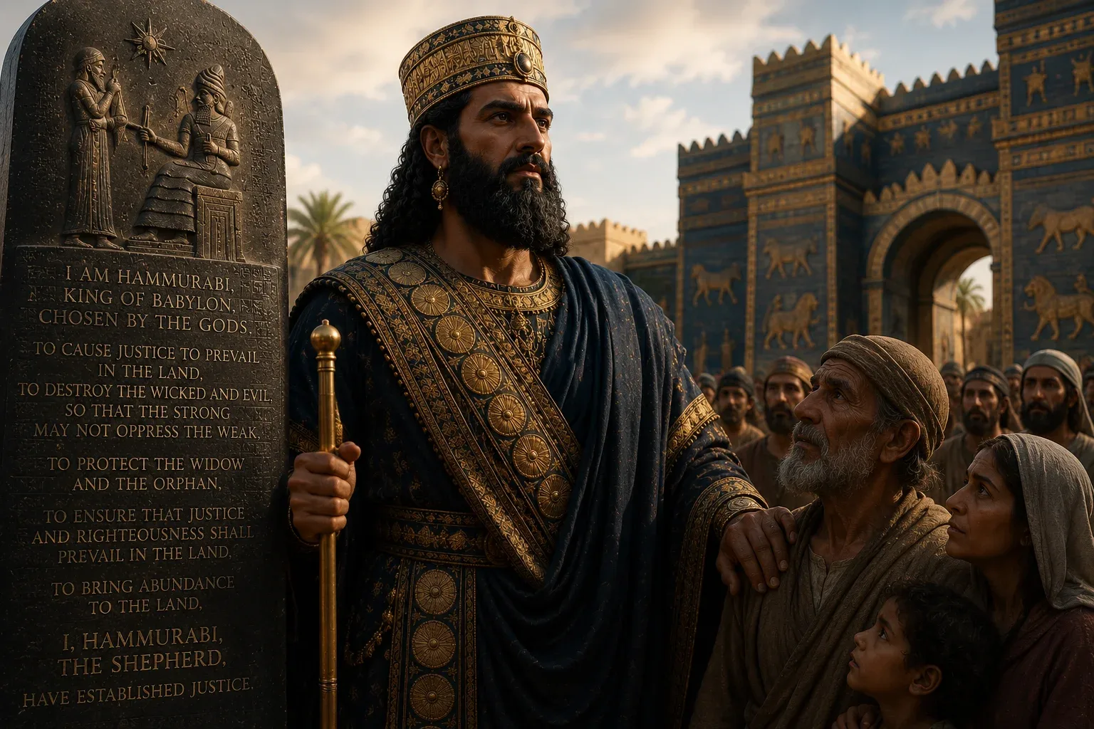 Hammurabi among people outside.