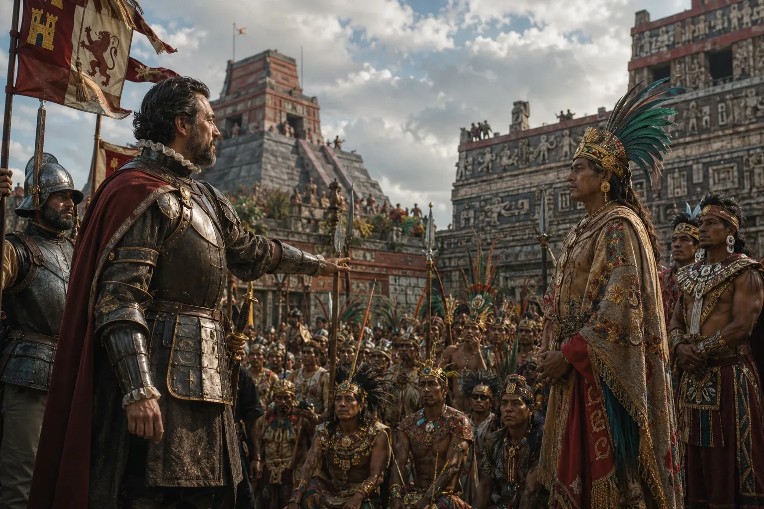 Moctezuma meets Hernán Cortés 