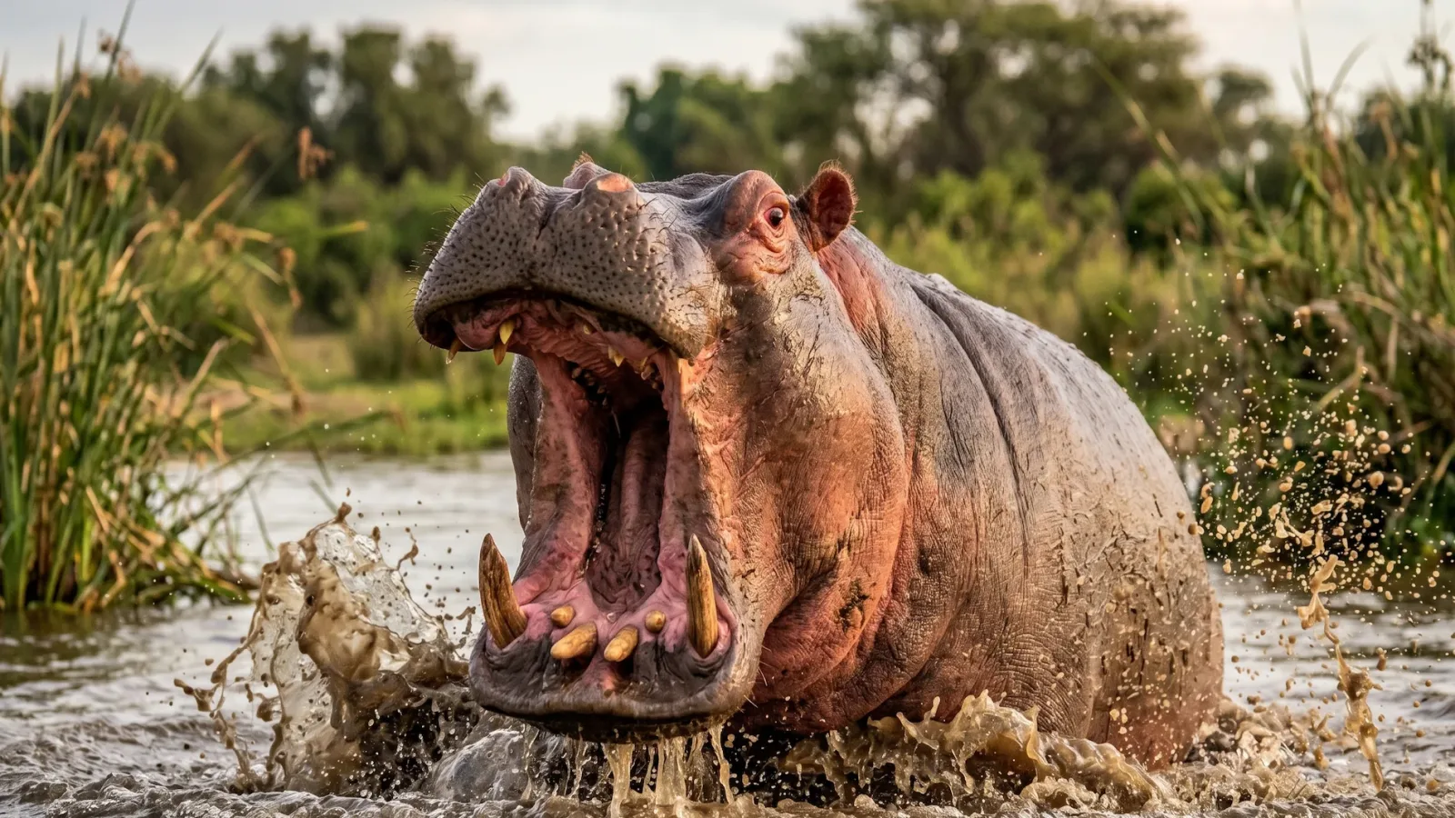 Agressive hippo. The most dangerous mammal in Africa.