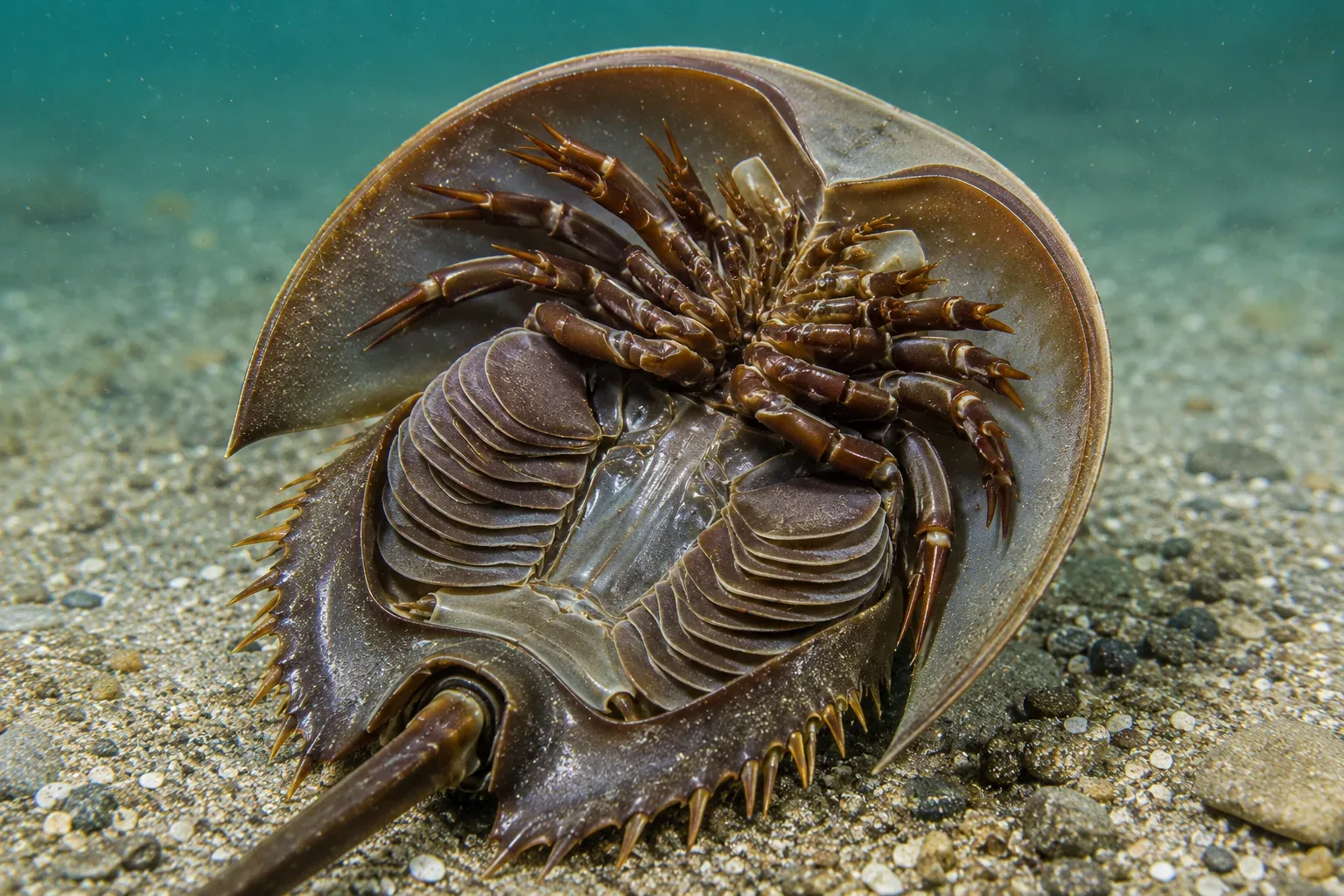 To absorb oxygen from the ocean water, horseshoe crabs use a set of specialized breathing organs located on their undersides. These organs are made up of dozens of thin, overlapping flaps of tissue that look very similar to the turning pages of a book, earning them the name "book gills."