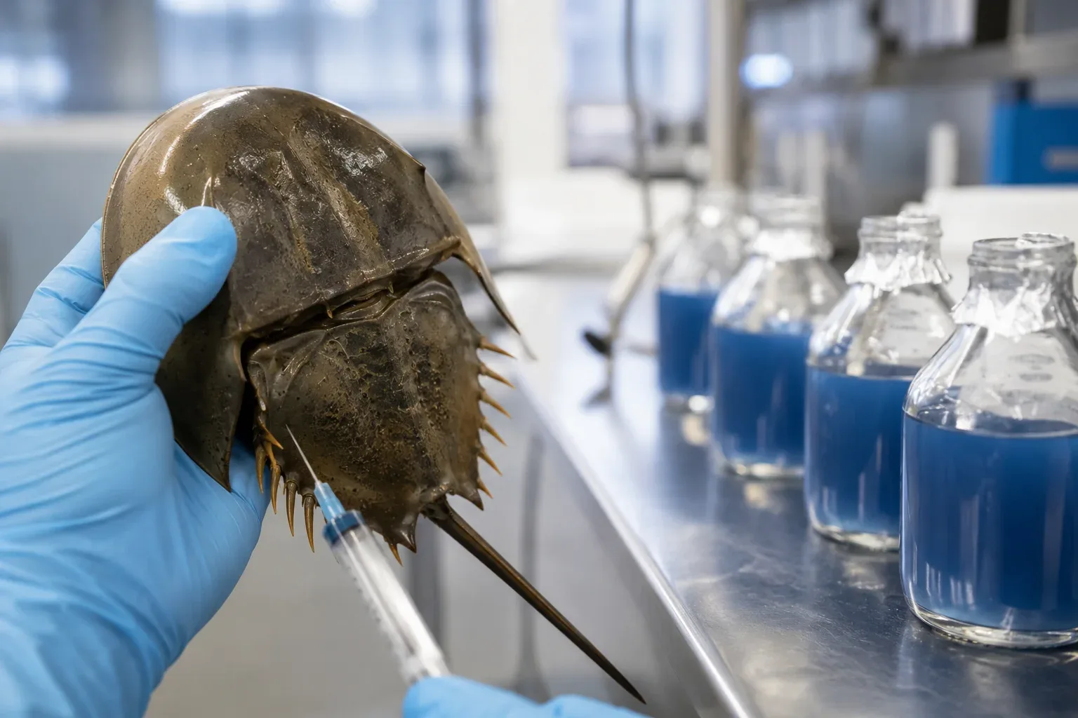 The blue blood of the horseshoe crab contains a special chemical substance that is highly sensitive to dangerous bacterial toxins.