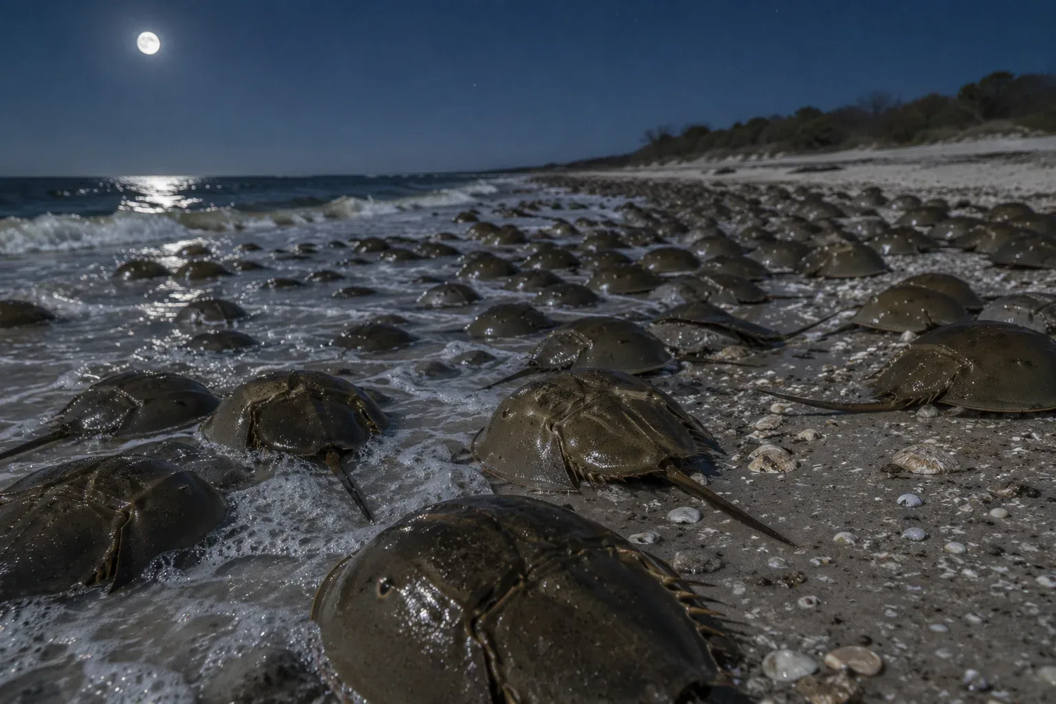 Horseshoe crabs have a highly synchronized breeding schedule that relies heavily on the lunar cycle. During the spring and early summer, they wait for the highest tides, which occur during the new and full moons. 