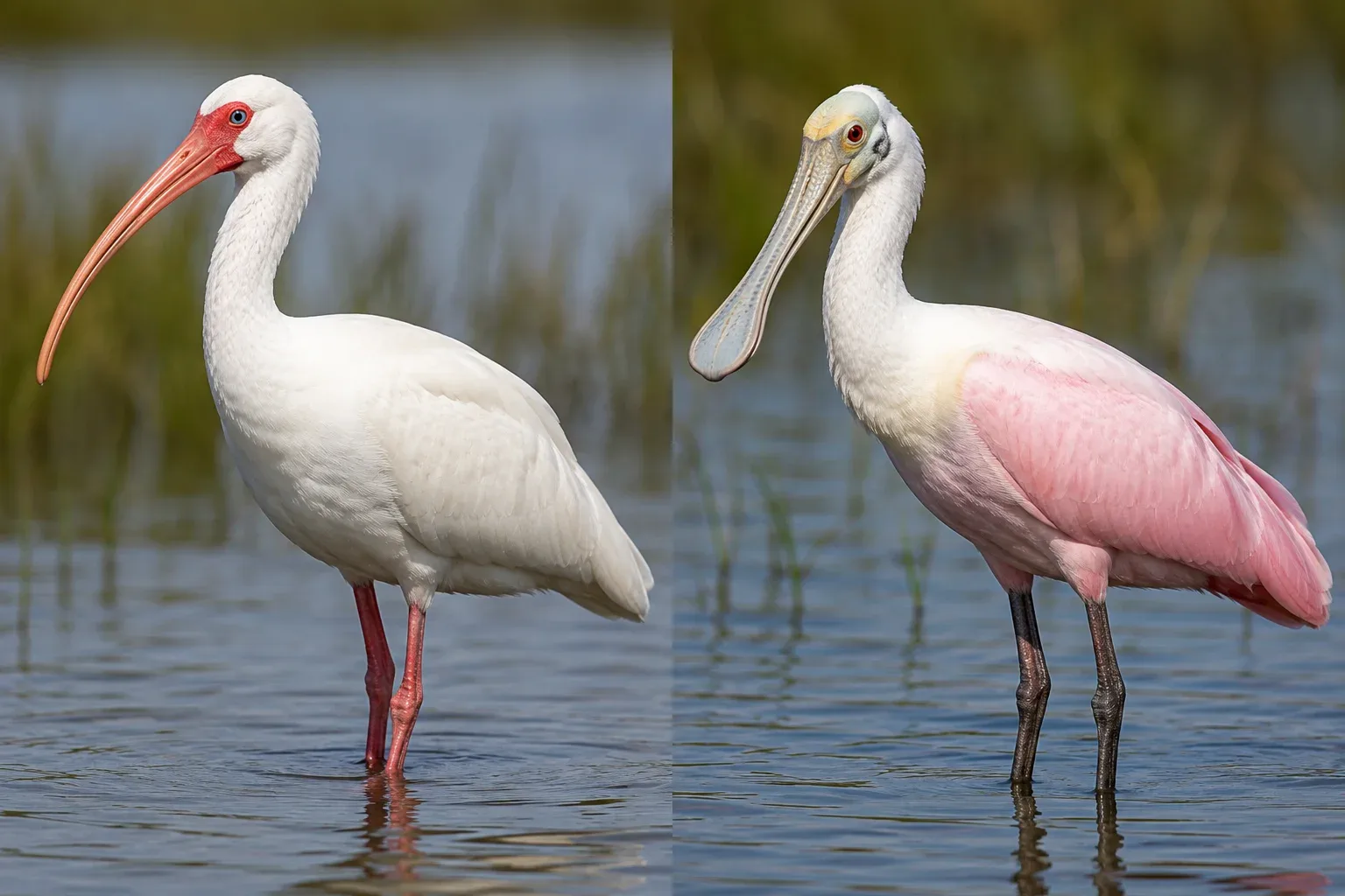 While ibises have long, thin, curved beaks, spoonbills have wide, flat beaks that look exactly like large wooden spoons. 