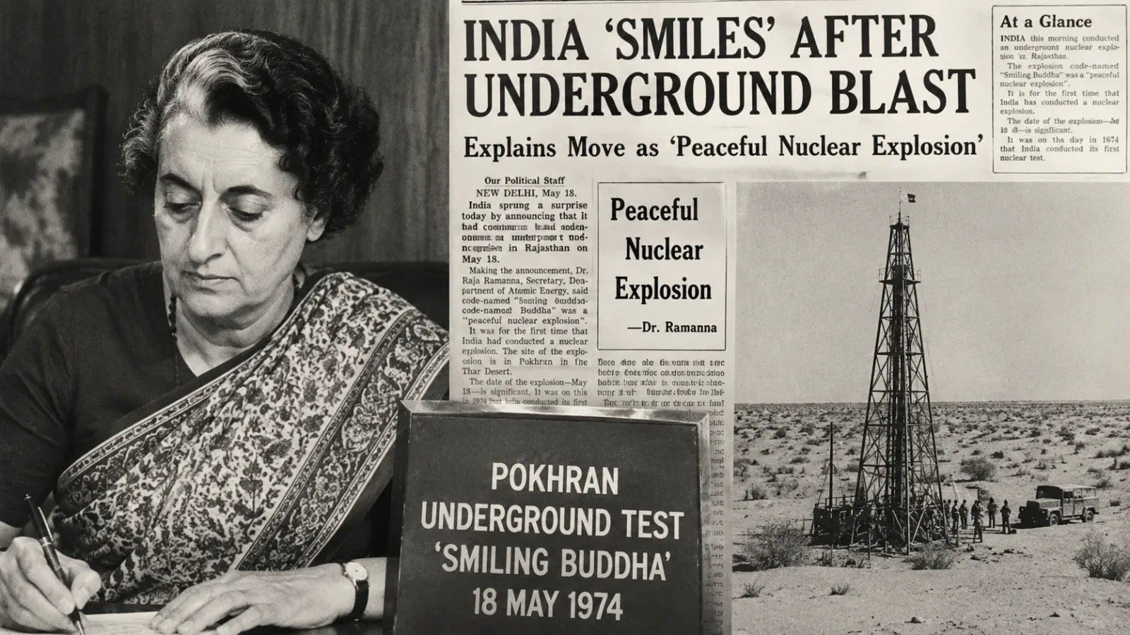 Indira Gandhi Authorized India's First Nuclear Test. AI reconstruction of the daily news.