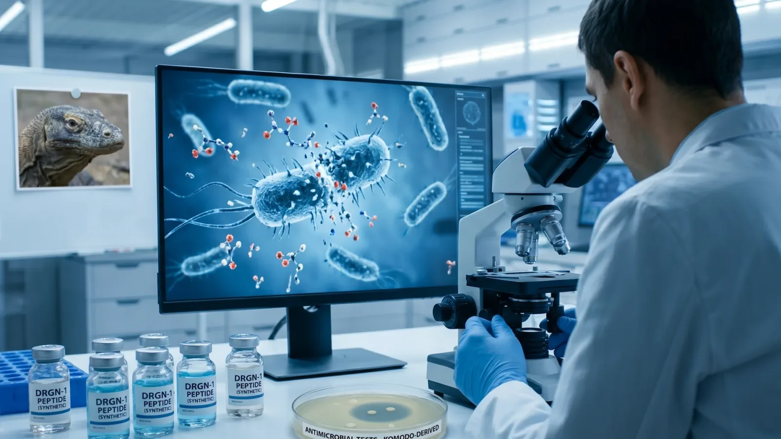 A modern lab setting showing a monitor simulation of bacteria being destroyed by synthetic 'DRGN-1' peptide derived from Komodo dragon blood research.
