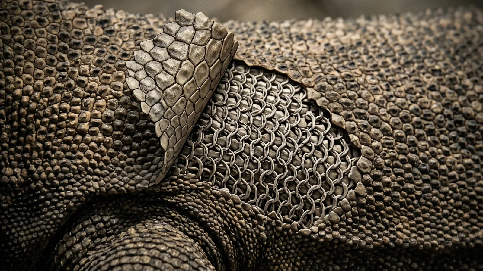 A macro photograph showing a section of Komodo dragon skin illustrated to reveal the underlying layer of interlocking bony osteoderms, resembling biological chainmail.
