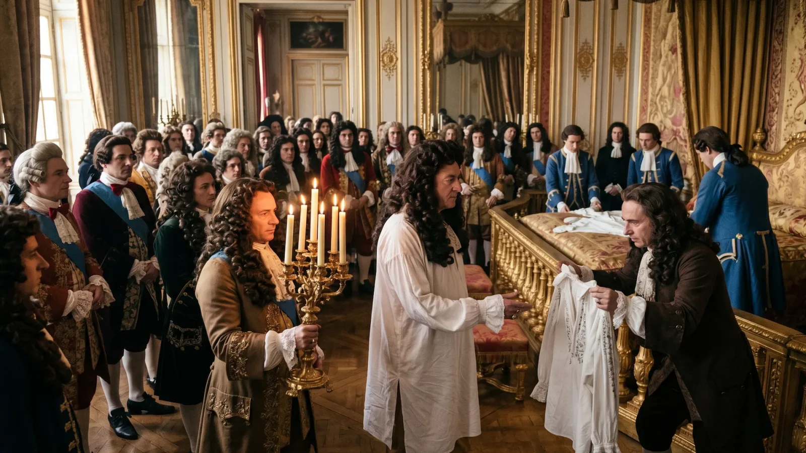 Louis XIV during the morning ritual. High nobles are watching.
