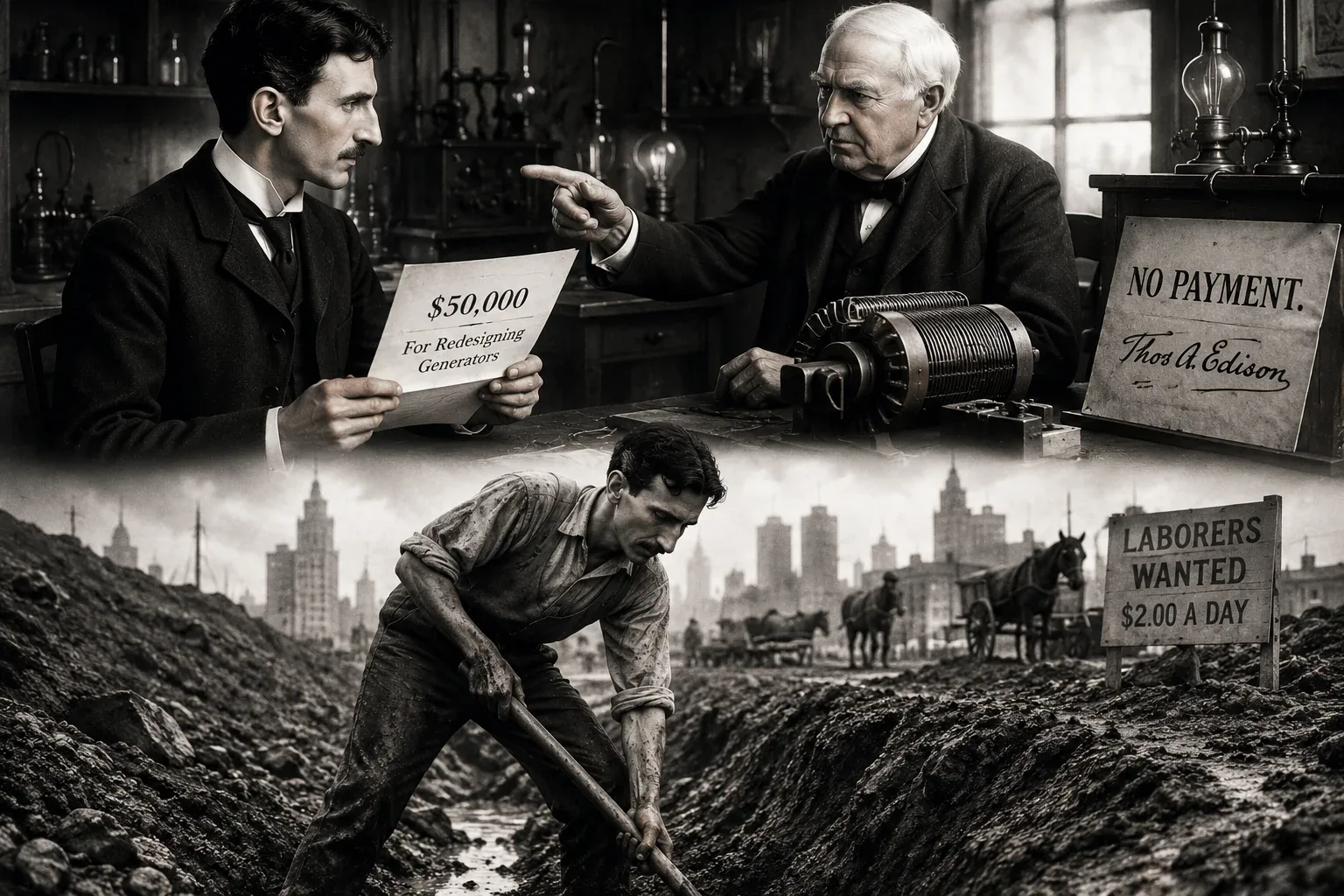When Tesla first arrived in America, he worked directly for Thomas Edison. After Edison allegedly reneged on a promise to pay Tesla $50,000 for redesigning his inefficient direct current (DC) generators, Tesla quit in disgust. Penniless and blacklisted by Edison's powerful allies, the brilliant inventor was forced to survive by digging ditches for two dollars a day to feed himself.