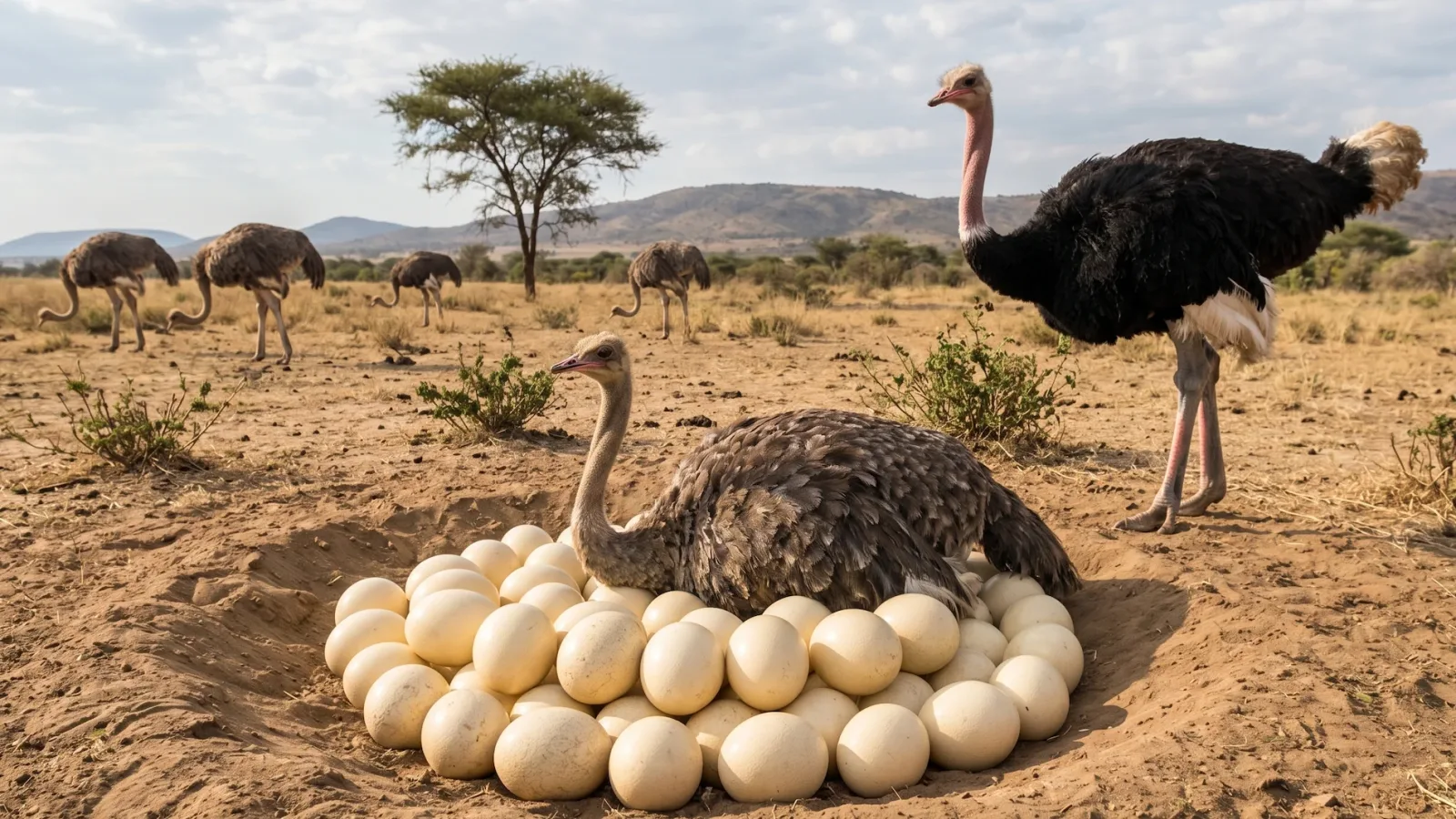 Ostriches utilize a highly organized and unique communal nesting system to ensure the survival of their offspring. A dominant male will territory and court a primary female, along with several secondary females. All of the females will lay their massive eggs into a single, shallow pit dug into the dirt, known as a "dump nest," which can hold up to 60 eggs at a time. The alpha pair takes complete responsibility for incubating the massive clutch, with the camouflaged brown female sitting on the nest by day and the black-feathered male taking over by night.