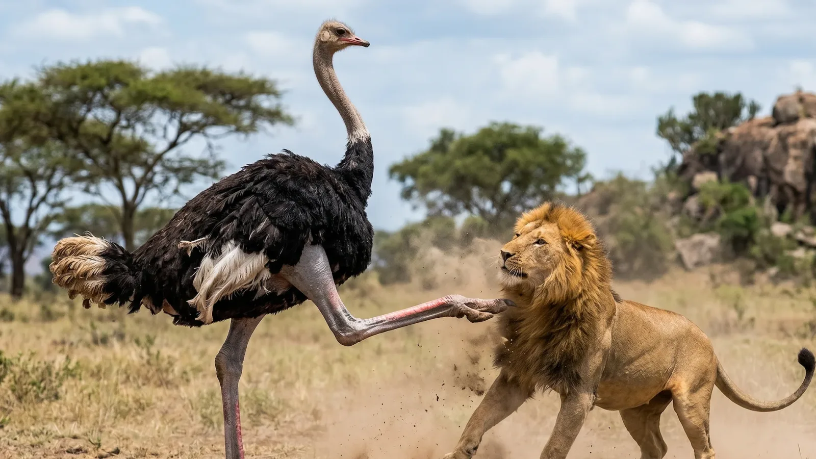 The powerful legs that make ostriches elite sprinters also serve as their primary and most lethal defense mechanism. When cornered by a predator like a lion or a hyena, an ostrich will not hesitate to deliver a devastating forward-facing kick. The combination of their immense body weight, muscular legs, and the sharp claw on their main toe creates enough blunt force trauma to instantly fracture bones or disembowel an attacker. Even a pride of lions will think twice before approaching a fully grown, defensive ostrich.