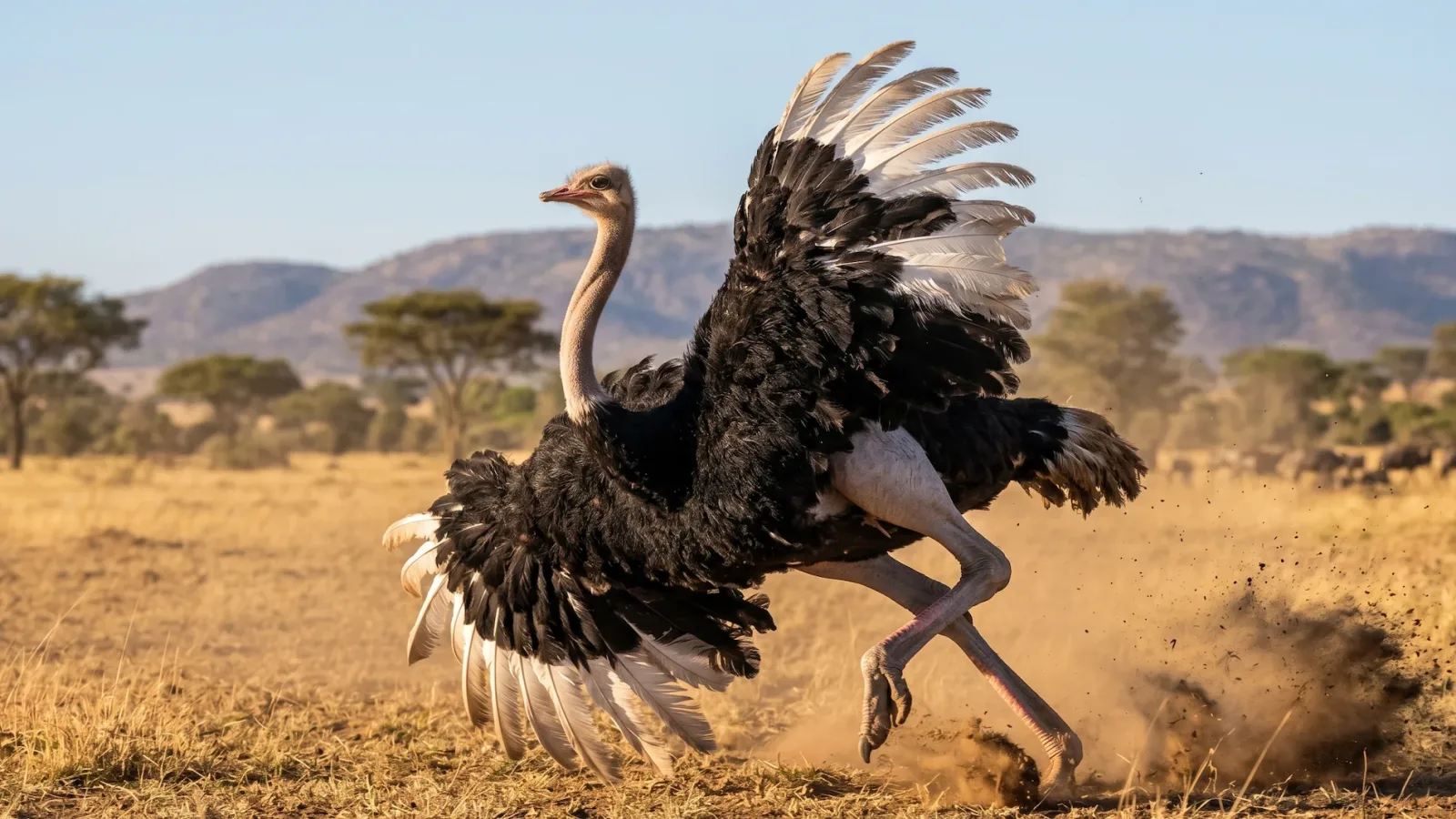 While their wings are completely useless for taking flight, they are far from vestigial. An ostrich boasts a massive wingspan of up to 7 feet, which they utilize as highly dynamic aerodynamic tools while sprinting across the savanna. When making sudden, sharp turns at speeds exceeding 30 miles per hour, the ostrich will lift and angle its wings to act as air rudders, allowing them to change direction instantly without losing balance. They also raise their wings vertically to function as air brakes when coming to a sudden halt.