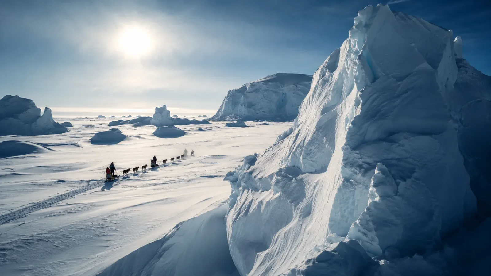 A cinematic wide view of polar explorers and a dog sled navigating the vast, icy landscape of Antarctica under a freezing sun.