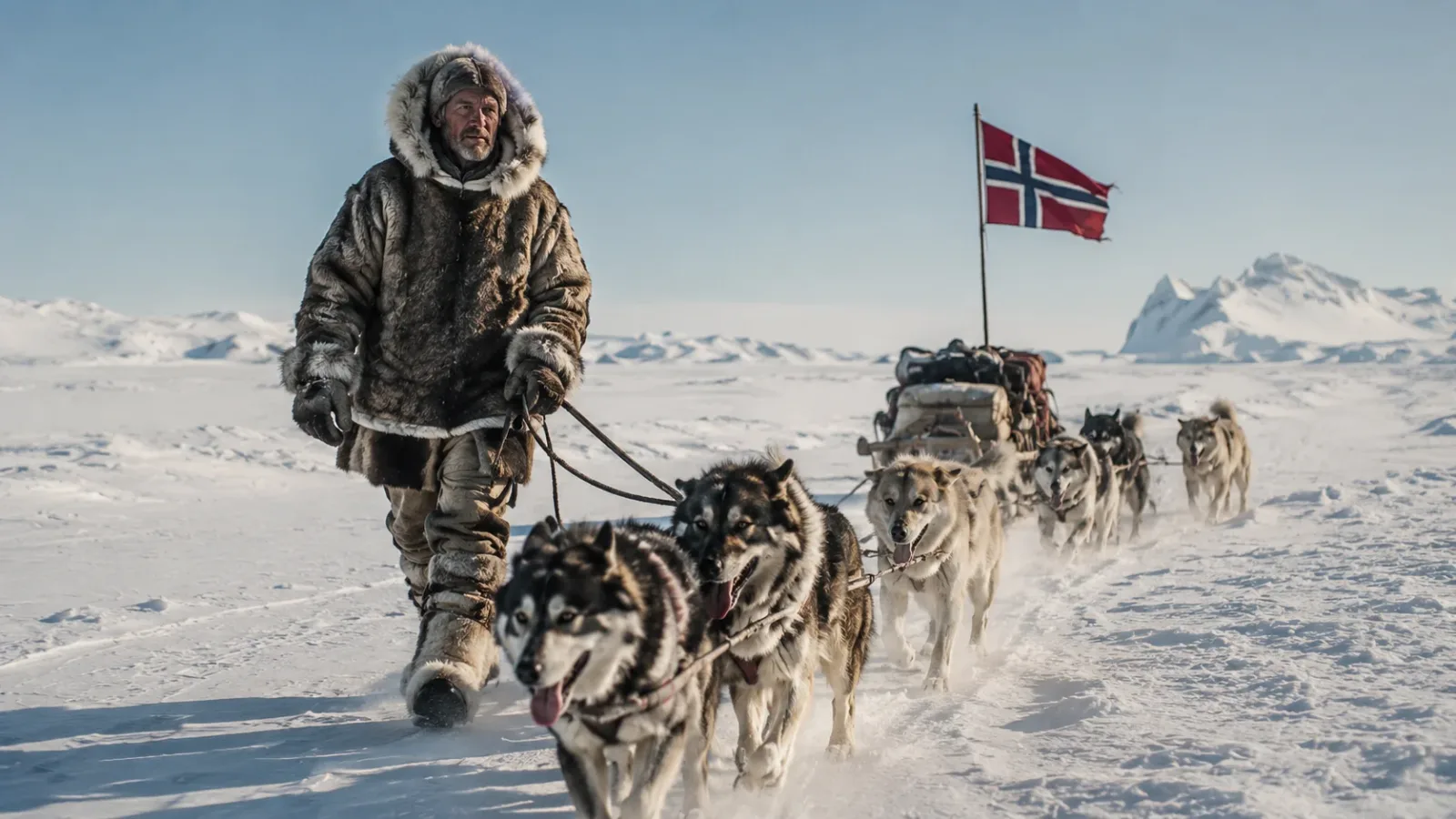A polar explorer in heavy traditional fur clothing efficiently guiding a dog sled across the bright Antarctic snow.