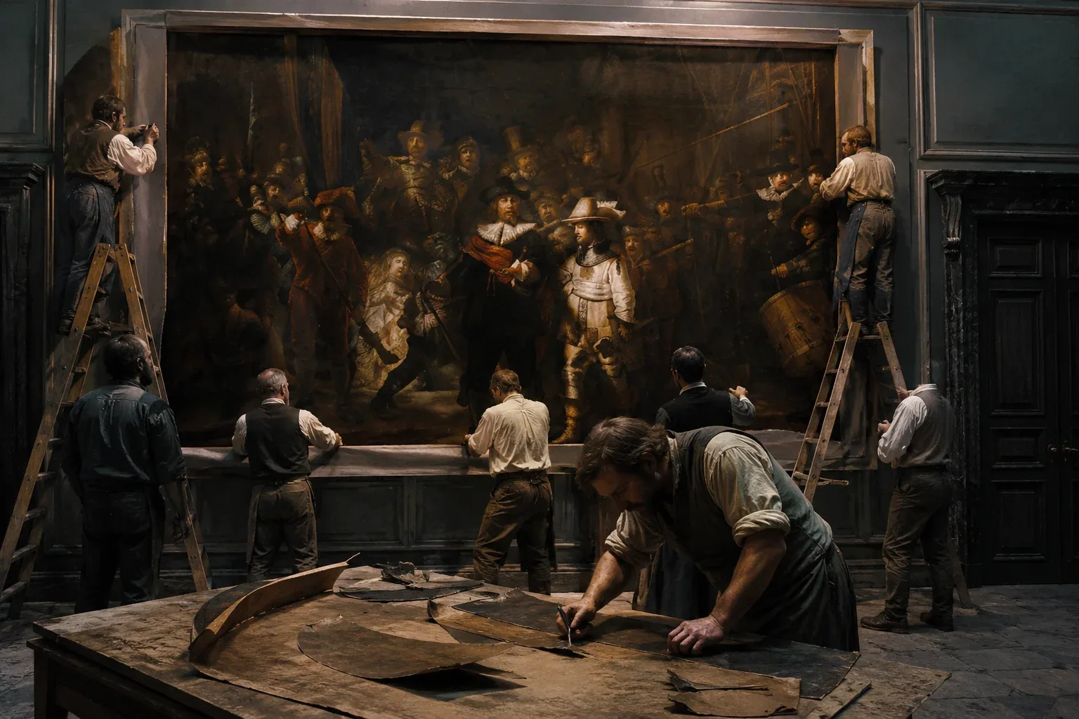 In 1715, The Night Watch was moved to the Amsterdam Town Hall. The canvas was too large to fit on the designated wall between two doors, so the city officials simply chopped off large strips from all four sides of the painting. 