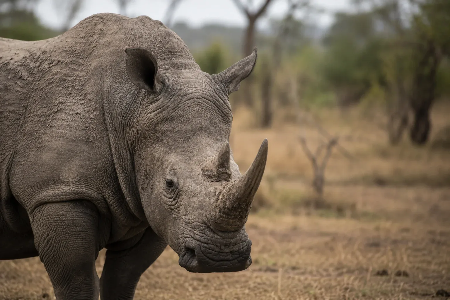Rhino with small eyes looking into the camera.