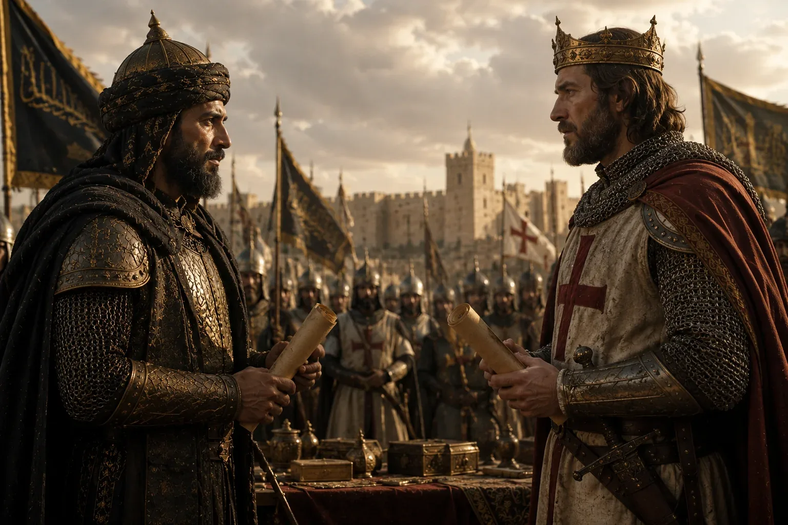 Saladin’s capture of Jerusalem sparked the Third Crusade, leading to a famous rivalry with King Richard I of England (Richard the Lionheart). Despite being fierce enemies, the two leaders developed a deep mutual respect. They never actually met face-to-face, but they frequently exchanged letters, diplomatic envoys, and even gifts during their years of conflict.