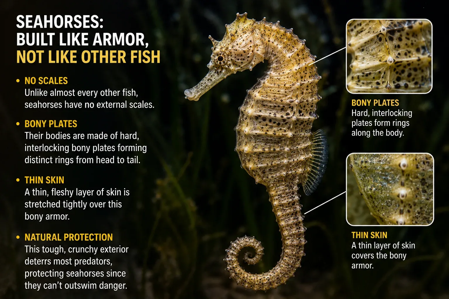Unlike almost every other fish in the ocean, seahorses are entirely devoid of protective external scales. Instead, their bodies are constructed from a series of hard, interlocking bony plates shaped into distinct rings running from their heads down to the tips of their tails. A thin, highly fleshy layer of skin is stretched tightly over this rigid skeletal armor. This incredibly tough, crunchy exterior makes them highly unappetizing to most major marine predators, providing a necessary layer of physical protection for a creature that cannot physically outswim danger.
