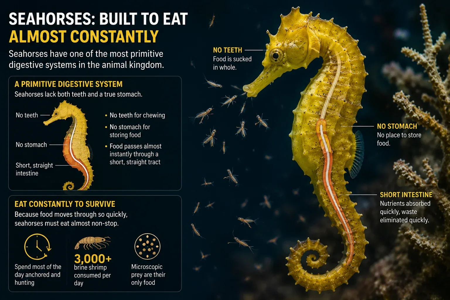 The digestive system of a seahorse is incredibly primitive, completely lacking both teeth for chewing and a true stomach for storing food. Any microscopic prey they consume passes almost instantly through a highly simplified, straight digestive tract. Because they cannot retain food to slowly extract nutrients over time, they must eat almost constantly just to survive. A single adult seahorse can easily consume over three thousand tiny brine shrimp in a single day, spending the vast majority of its waking hours anchored to a reef and hunting for microscopic snacks.