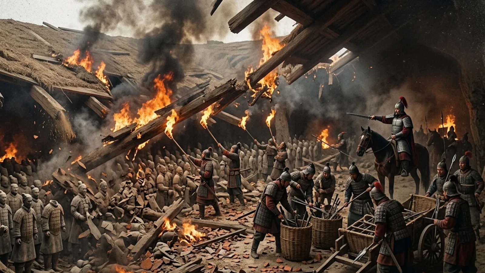 Shortly after the emperor's death, the Qin dynasty collapsed into civil war. A rebel general named Xiang Yu reportedly raided the pits, stealing the real bronze weapons to arm his own troops. His men then set fire to the massive wooden roofs covering the pits. The roofs collapsed, crushing the terracotta figures into millions of fragments. Today, almost every soldier you see has been painstakingly glued back together.