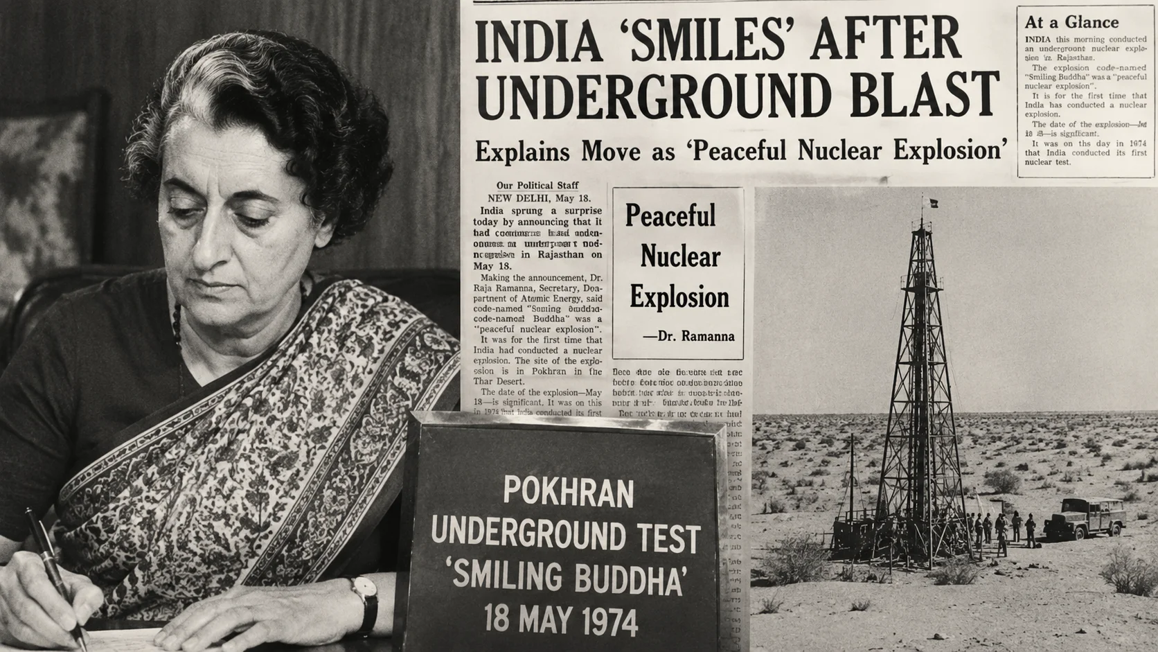 Indira Gandhi Authorized India's First Nuclear Test. AI reconstruction of the daily news.