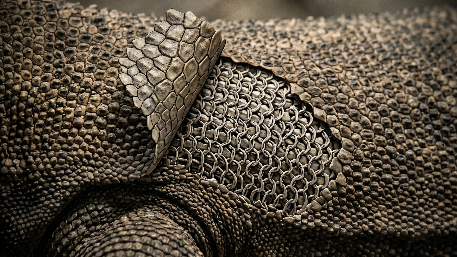 A macro photograph showing a section of Komodo dragon skin illustrated to reveal the underlying layer of interlocking bony osteoderms, resembling biological chainmail.