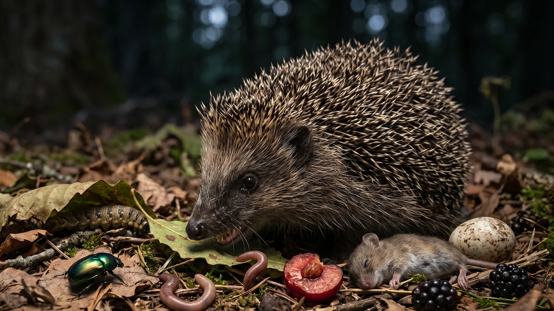 Despite their innocent, gentle appearance and their biological classification as insectivores, hedgehogs are highly opportunistic and incredibly voracious omnivores. While their primary diet consists of beetles, caterpillars, and earthworms, they will absolutely consume almost anything they can overpower in the dark. Their sharp teeth easily allow them to hunt and eat frogs, small mice, baby birds, and unprotected bird eggs found nesting on the ground. They will also happily forage for fallen berries and ripe orchard fruits to supplement their heavily protein-based diet.