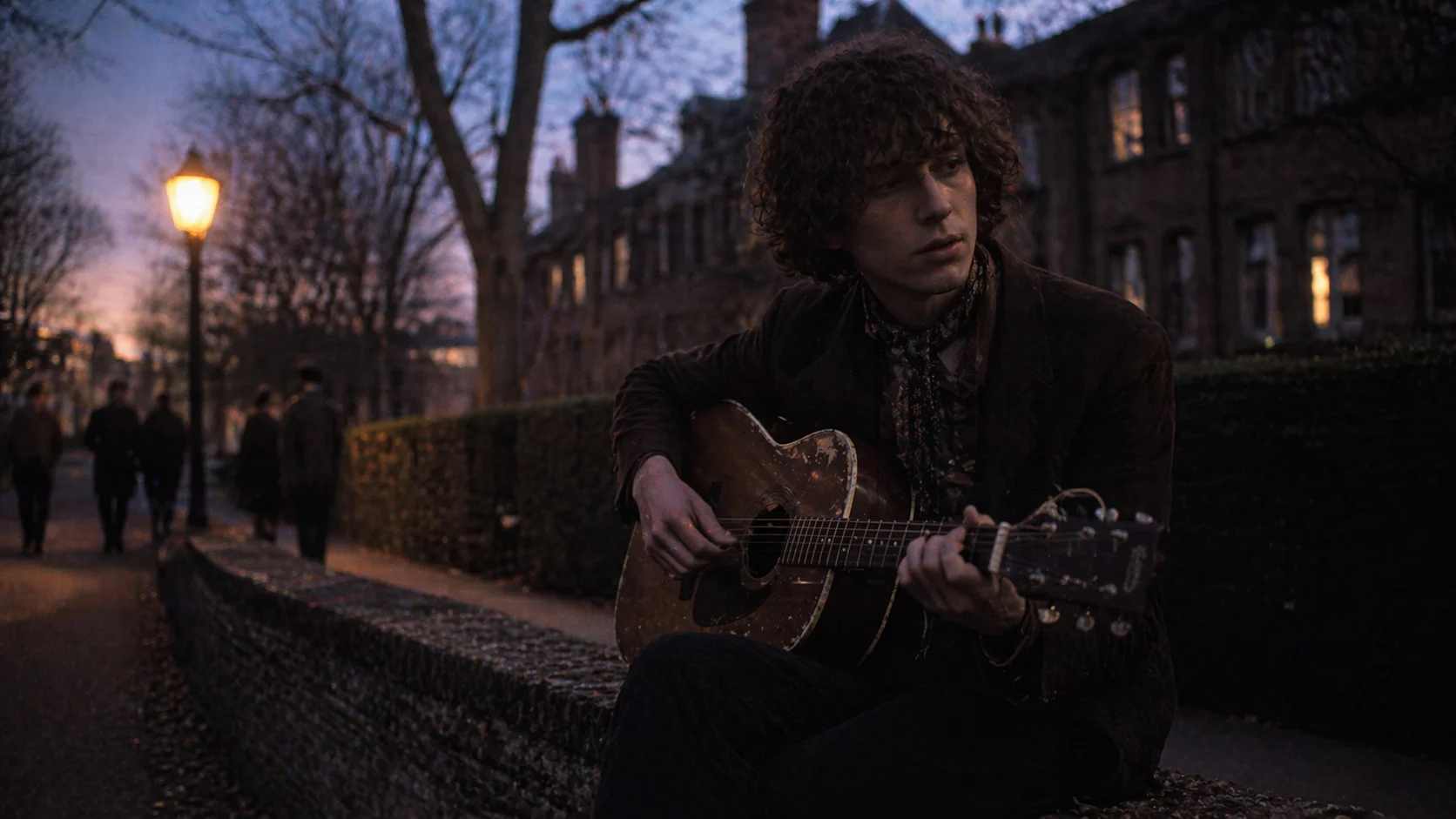 A poignant historical photo recommendation showing a young Syd Barrett sitting solitary with an acoustic guitar in Cambridge, UK, capturing his genius and subsequent isolation.
