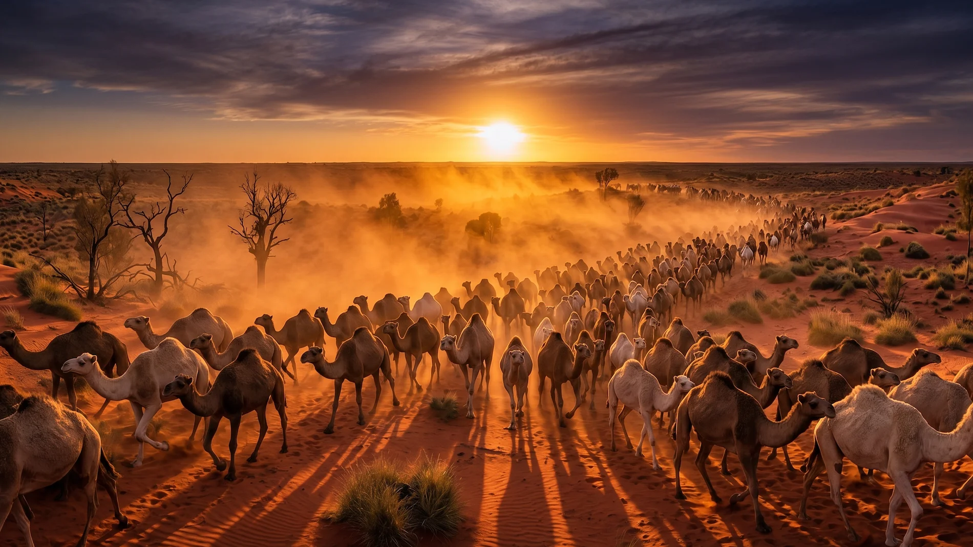 A sweeping aerial photograph of hundreds of wild dromedary camels migrating across the red sand dunes of the Australian outback at sunset.