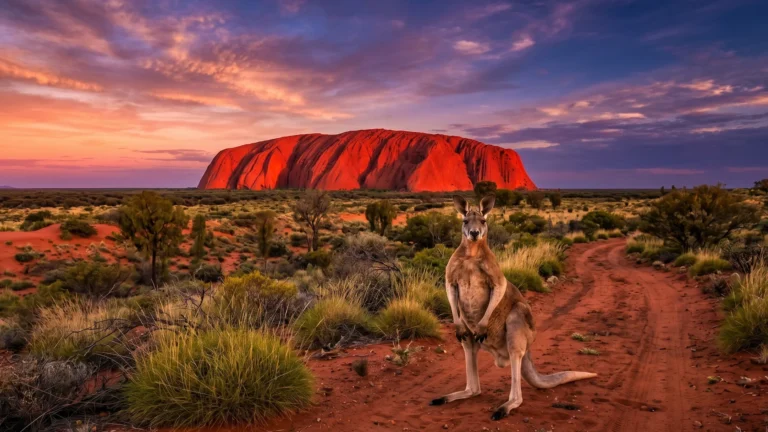 A majestic sunset photograph of Uluru (Ayers Rock) in the Australian outback with a wild red kangaroo in the foreground.