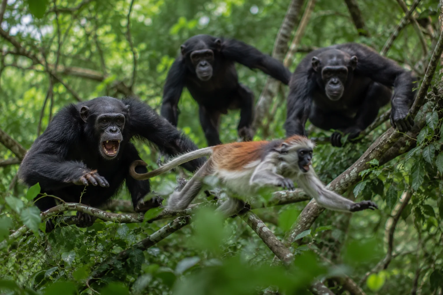 Chimpanzees hunting another monkey for a meat.